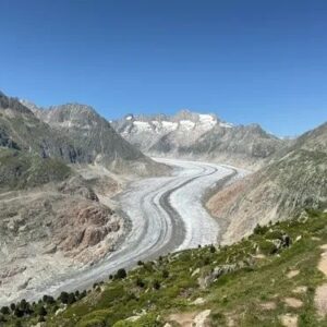 Panoramic view of the Gross Aletsch Glacier between rugged alpine peaks