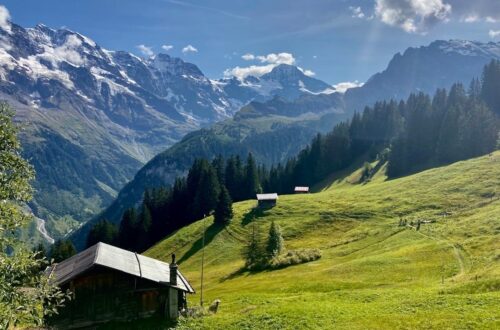 Alpine hiking landscape with a chalet, green meadows, and snowy peaks